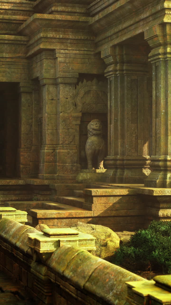 Rovine di un antico tempio circondate da una vegetazione lussureggiante al tramonto