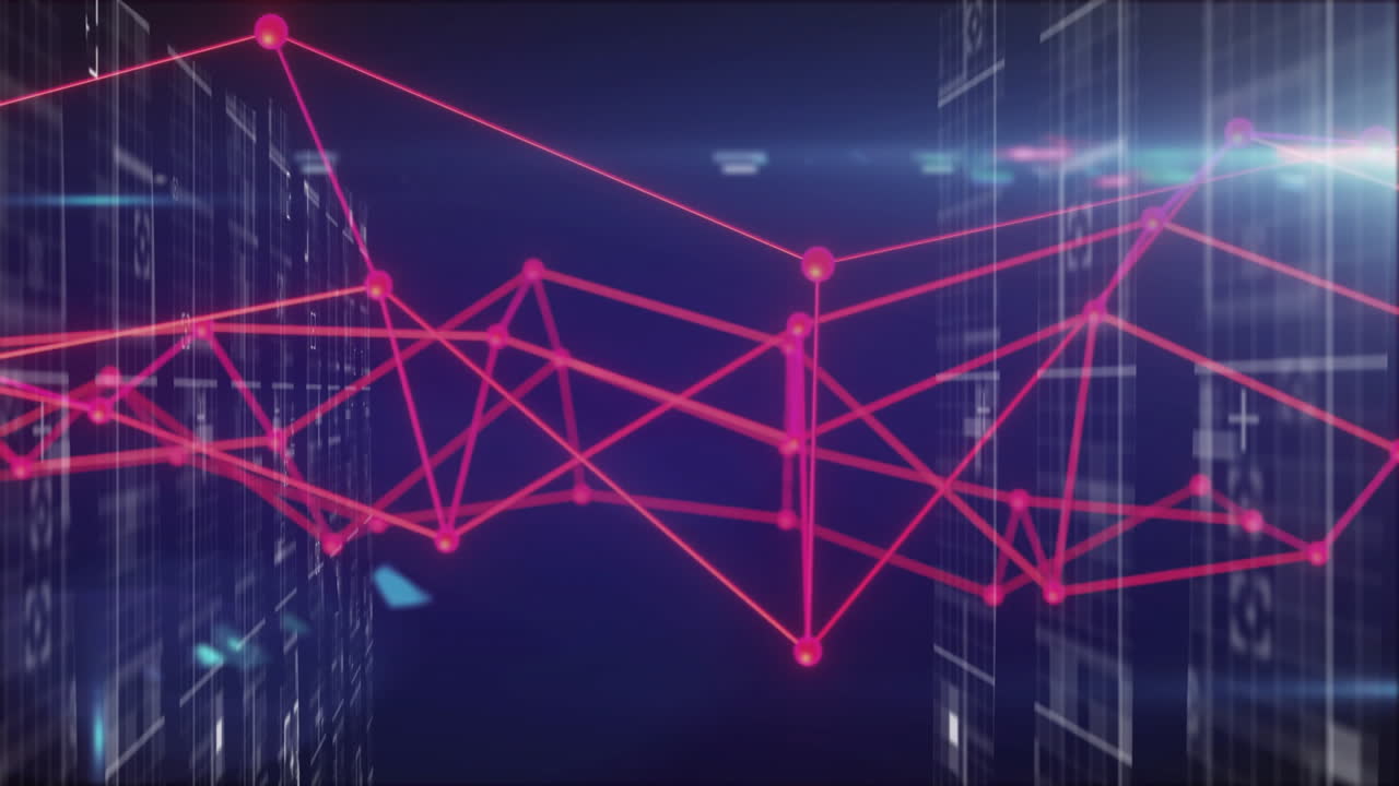 Forming geometric shapes, red network animation over digital data background