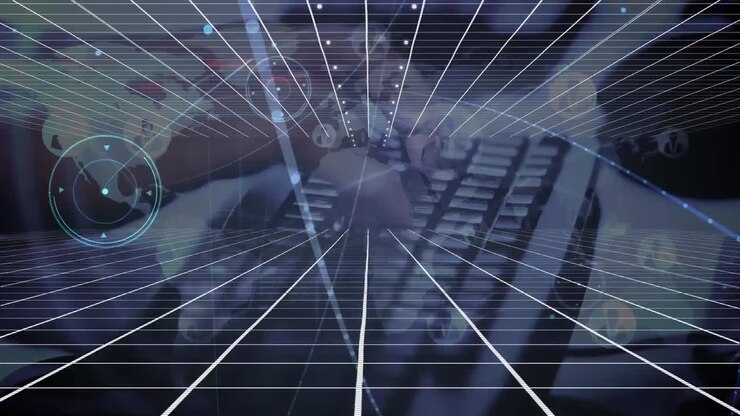 Animation of networks of connections and light over caucasian man typing on keyboard