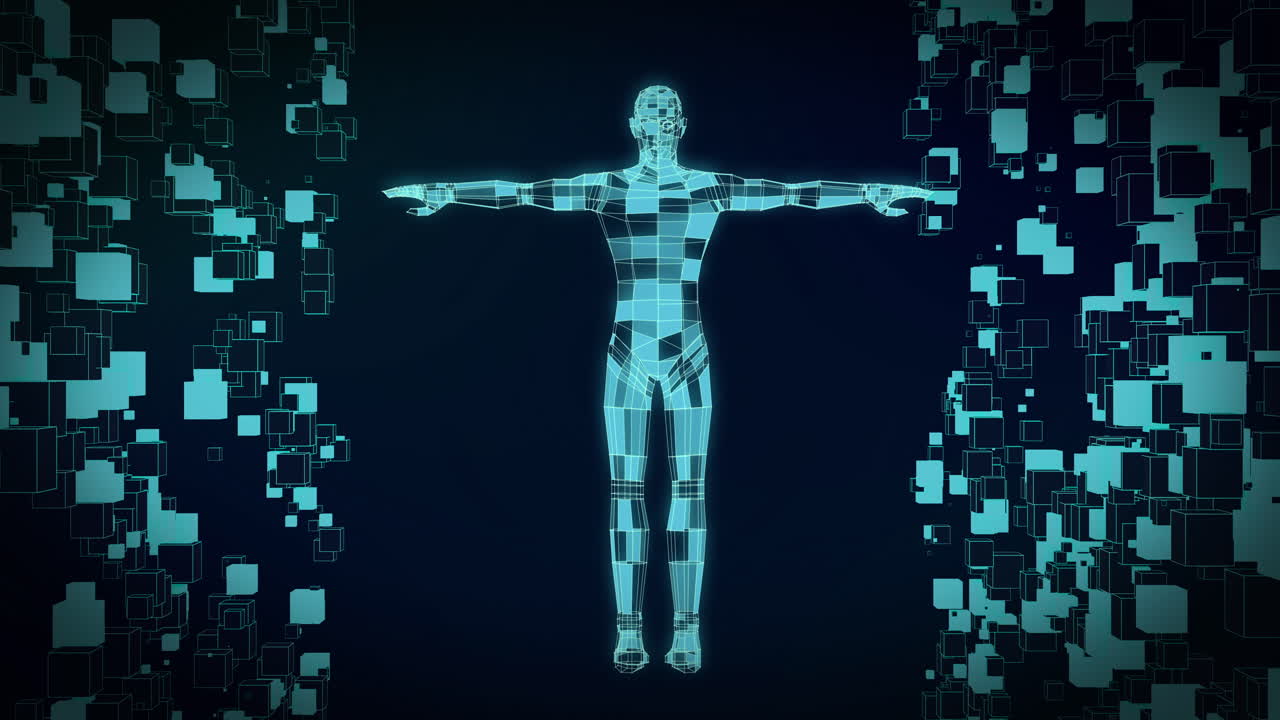 Animation of blue 3d cuboid body shape rotating over moving cubes on dark background