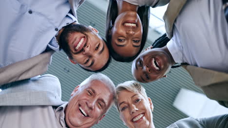 faces, teamwork or happy business people in huddle
