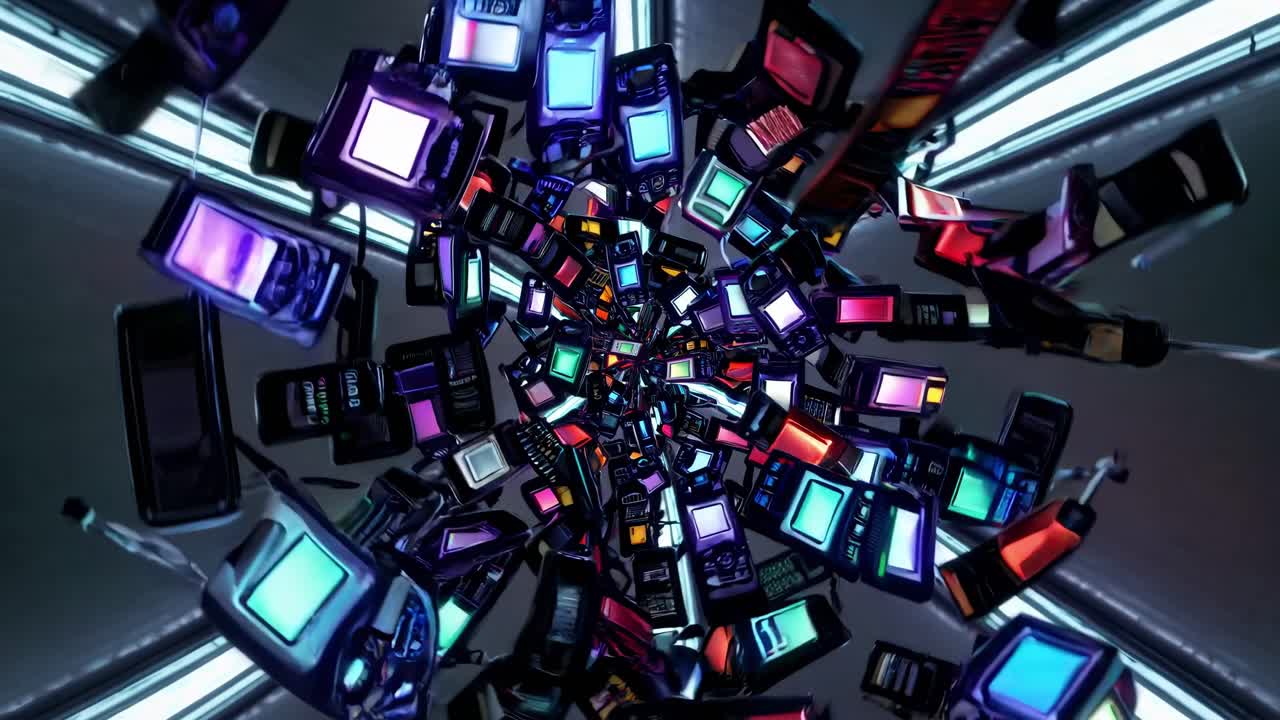 Dynamic spiral of colorful mobile devices swirling in a futuristic tunnel, showcasing vibrant screens and intricate designs, creating an immersive visual experience