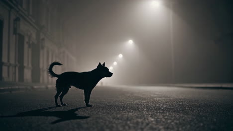 a dog's silhouette stands on a foggy street at night