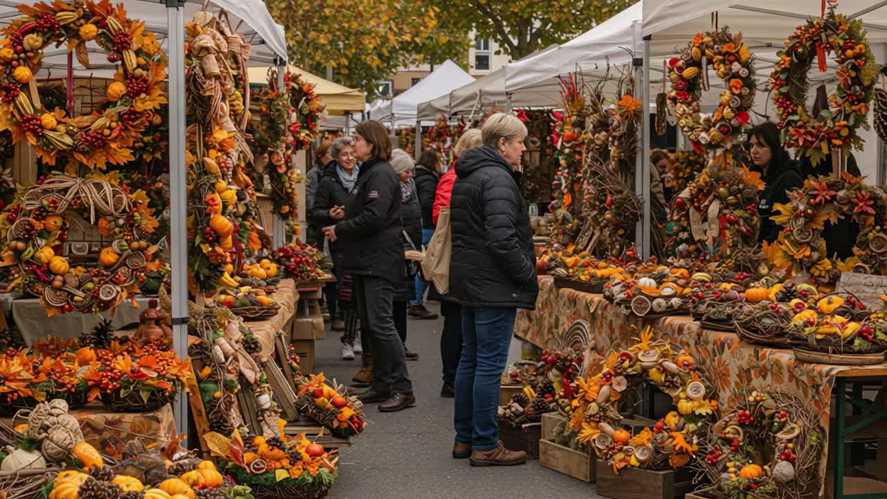 Autumn Market with Fall Decorations and Shoppers