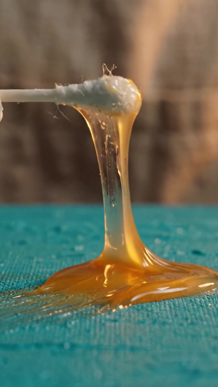 Affascinante sequenza di goccioline di liquido viscoso su una superficie testurizzata, che evidenzia il flusso e la trasformazione dei materiali in una rappresentazione artistica.