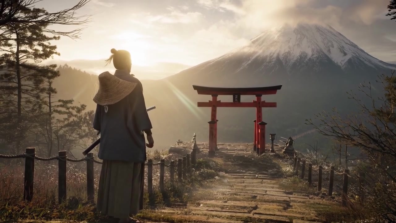 Samurai in piedi davanti a un Torii con il Monte Fuji all'alba