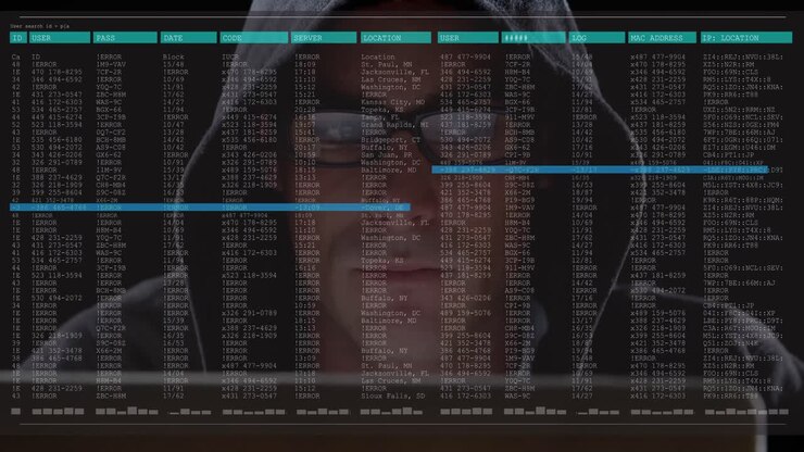 Animation of data processing on computer screen over male hacker using computer