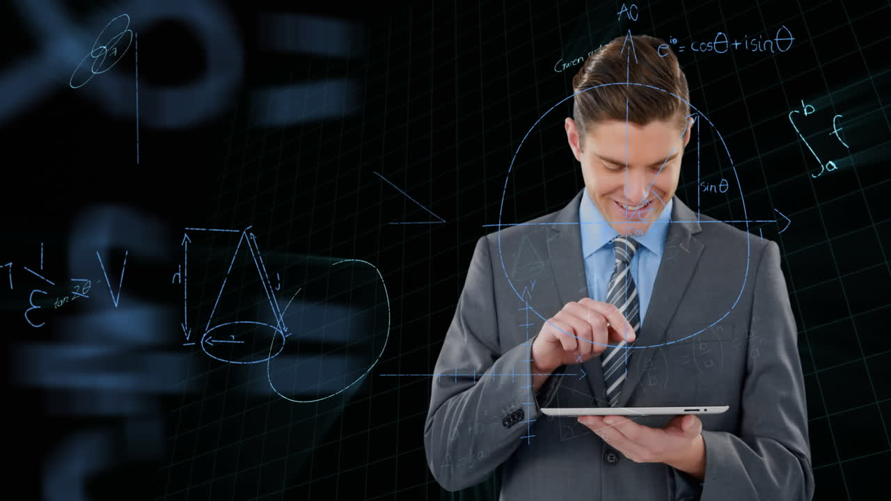 검은 바탕에 디지털 태블릿을 사용하는 사업가에 대해 떠다니는 수학적 방정식
