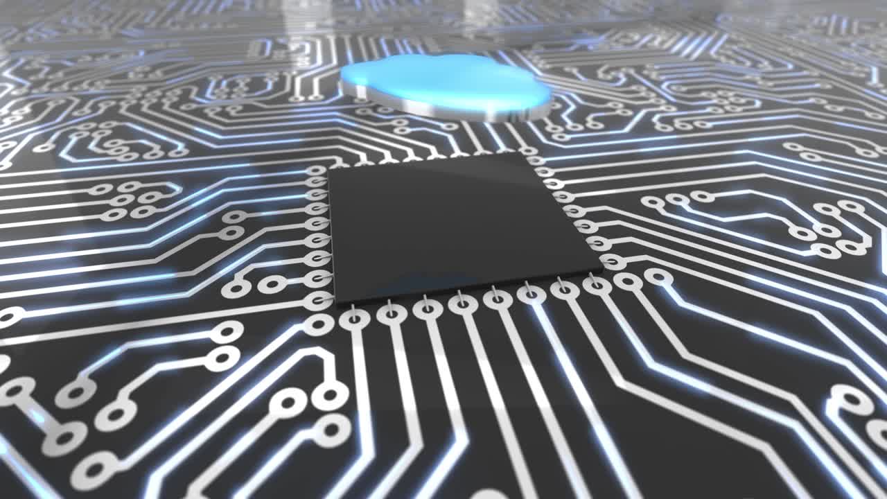 어두운 파란색 회전 컴퓨터 회로판 개념 클라우드 루프 4k