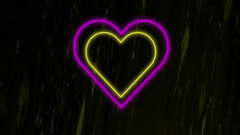 Animation-of-pink-and-yellow-concentric-neon-hearts-flashing-on-dark-paint-splattered-background