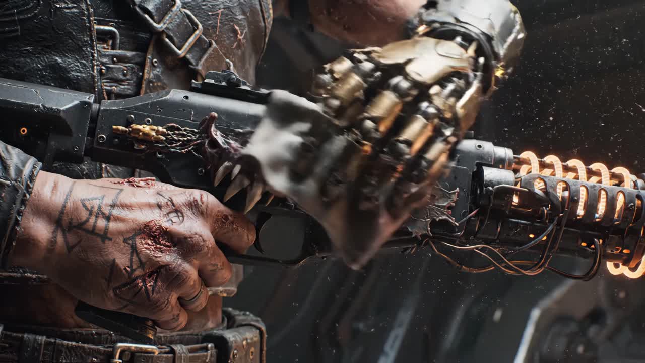 Cyberpunk Gun with Detailed Ornamentation and Mechanical Hand