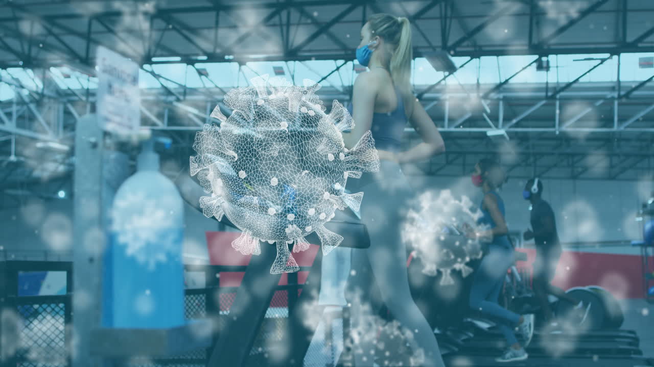 코로나19 세포가 다양한 그룹 위에 떠다니고 마스크를 쓰고 운동하는 애니메이션