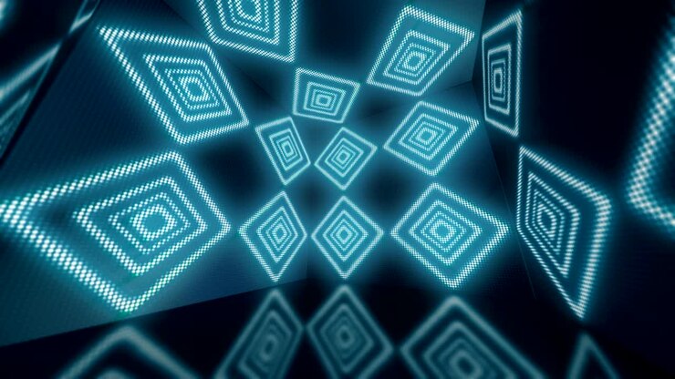 Animation of rotation magical and colorful box with glitter and flicker dots on walls. Animation of seamless loop.