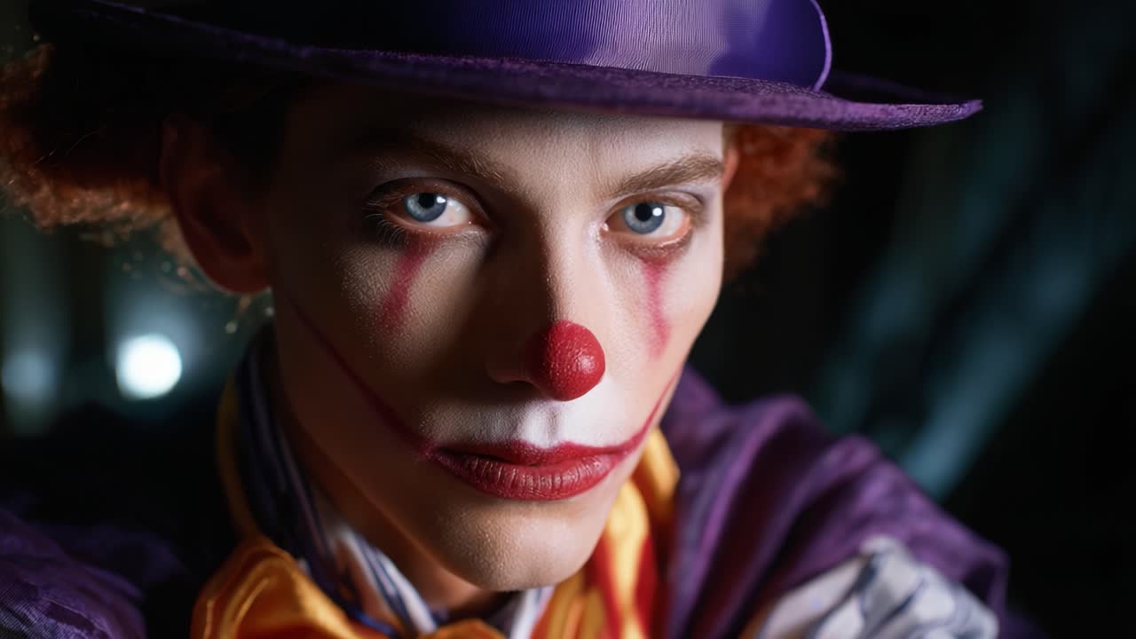Intense Close-Up of a Clown with Striking Makeup and Expression, Capturing Intrigue and Emotion in a Darkened Background Setting, Showcasing Unforgettable Character