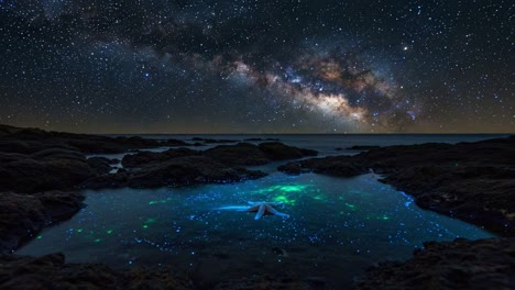 a stunning nightscape featuring a milky way galaxy over a bioluminescent tide pool, illuminating the ocean and rocks beneath a starry sky