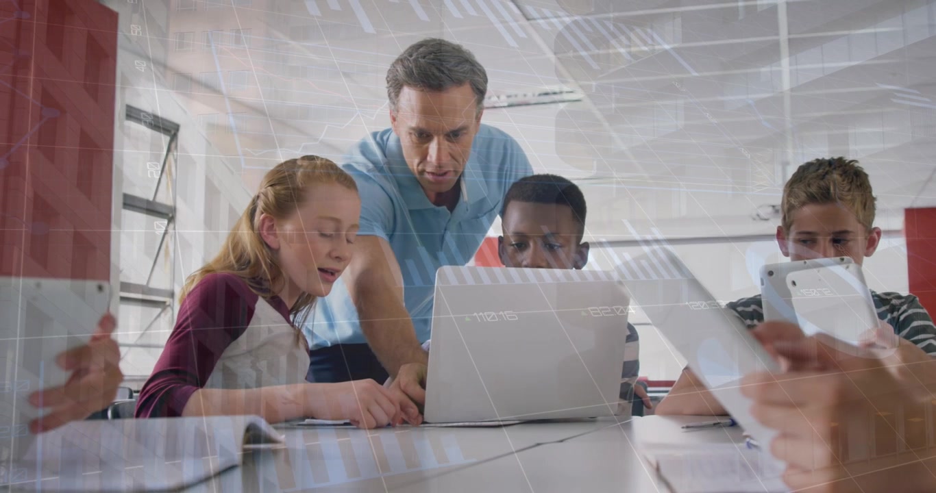Animation of graphs over caucasian male teacher and diverse pupils with laptop and tablets