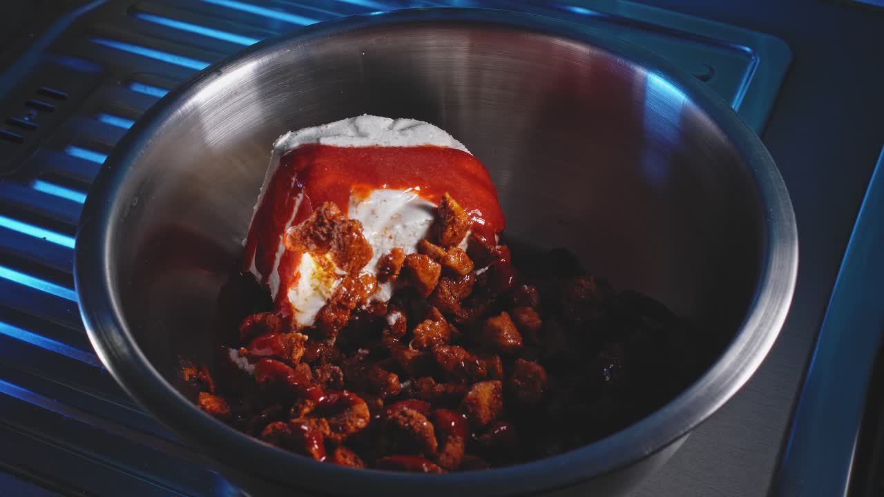 익힌 닭가슴살과 드레싱을 곁들인 그릇에 물을 붓는다