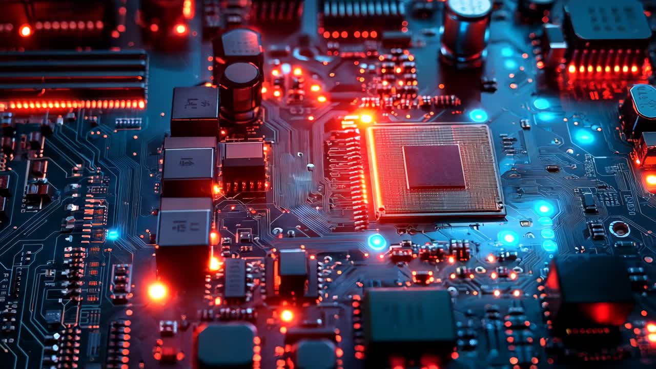 Un primer plano de una placa base de computadora con muchos componentes electrónicos