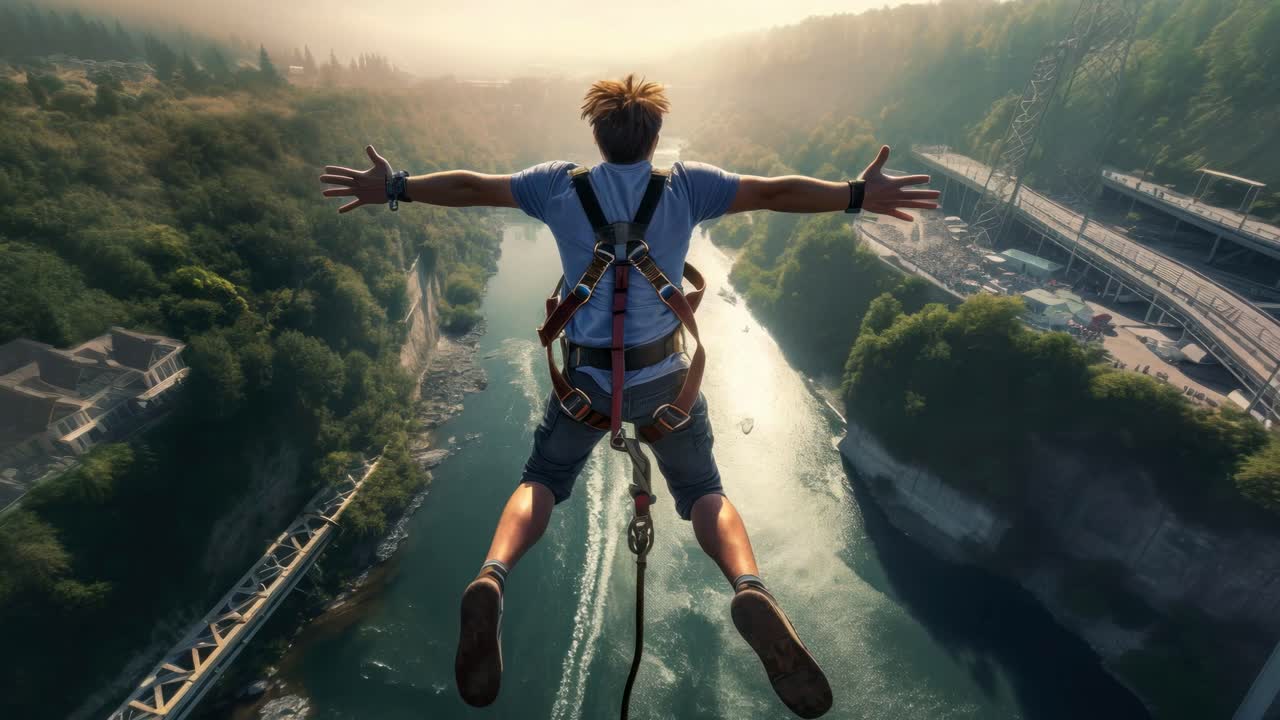 Aerial view of a person bungee jumping over a river, arms outstretched