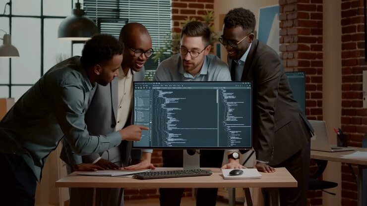 Software Developers Collaborating on Code in an Office Environment