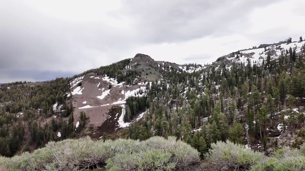 Vista panoramica di montagna con chiazze di neve e rigogliosi pini verdi dal Red Lake Vista Point in una giornata nuvolosa al Carson Pass nella Sierra Nevada, California.
