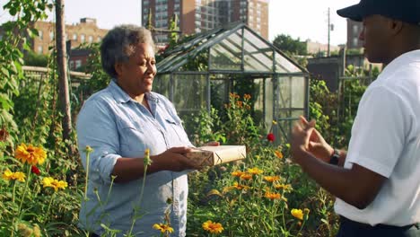 a warm package delivery in a vibrant community garden: a joyful interaction between a friend and a delivery person amidst colorful blooms