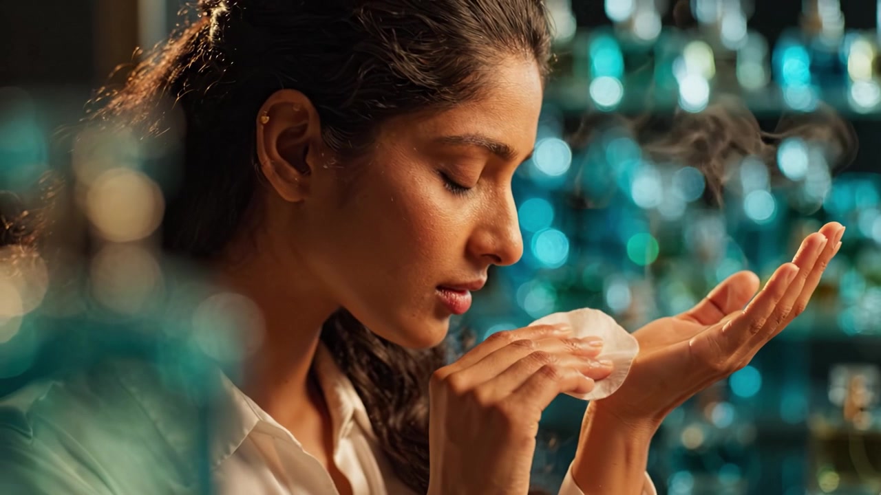 Une femme applique des soins de la peau tout en contemplant son reflet, entourée de flacons colorés dans un espace magnifiquement éclairé, soulignant le soin de soi et les routines de beauté personnelles.