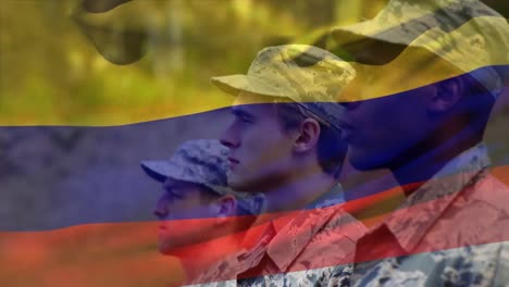 animación de la bandera de colombia sobre varios soldados varones