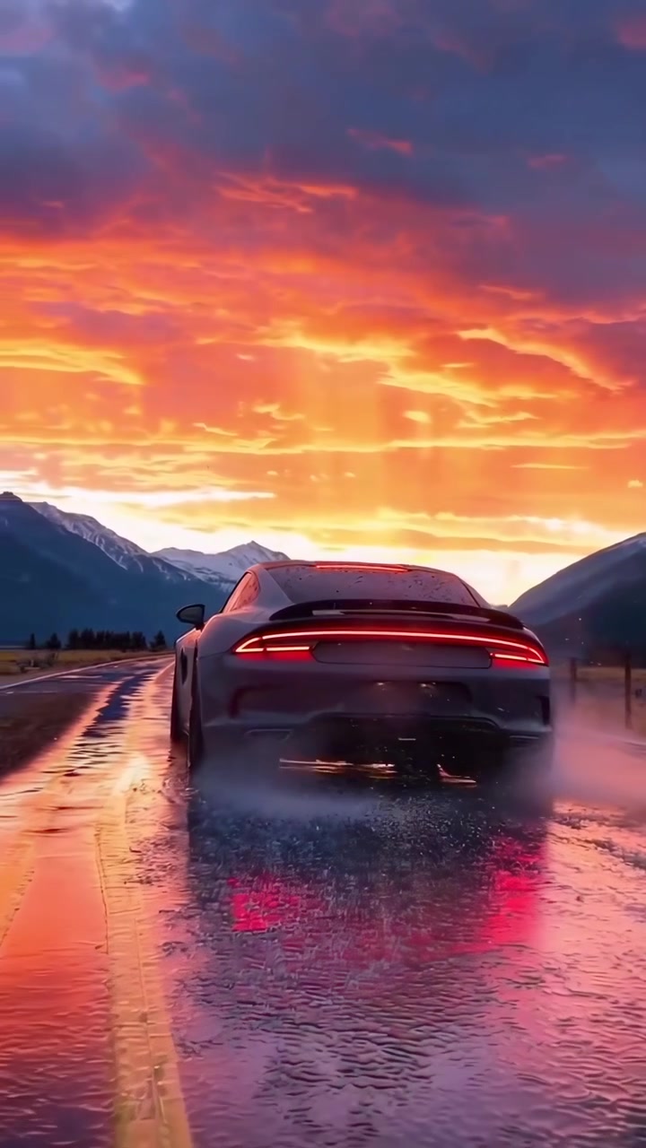 Potente auto sportiva che guida su una strada di montagna bagnata al tramonto