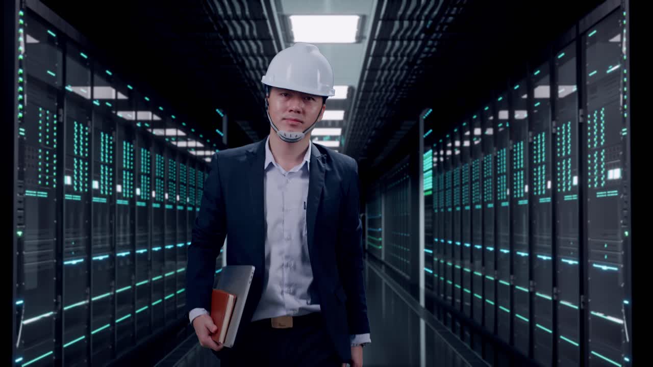 Front View of Asian Businessman Holding Computer While Walking in Server Room Data Center