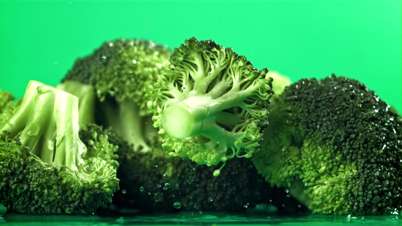 Caduta di una cimetta di broccolo fresco al rallentatore con schizzi d'acqua