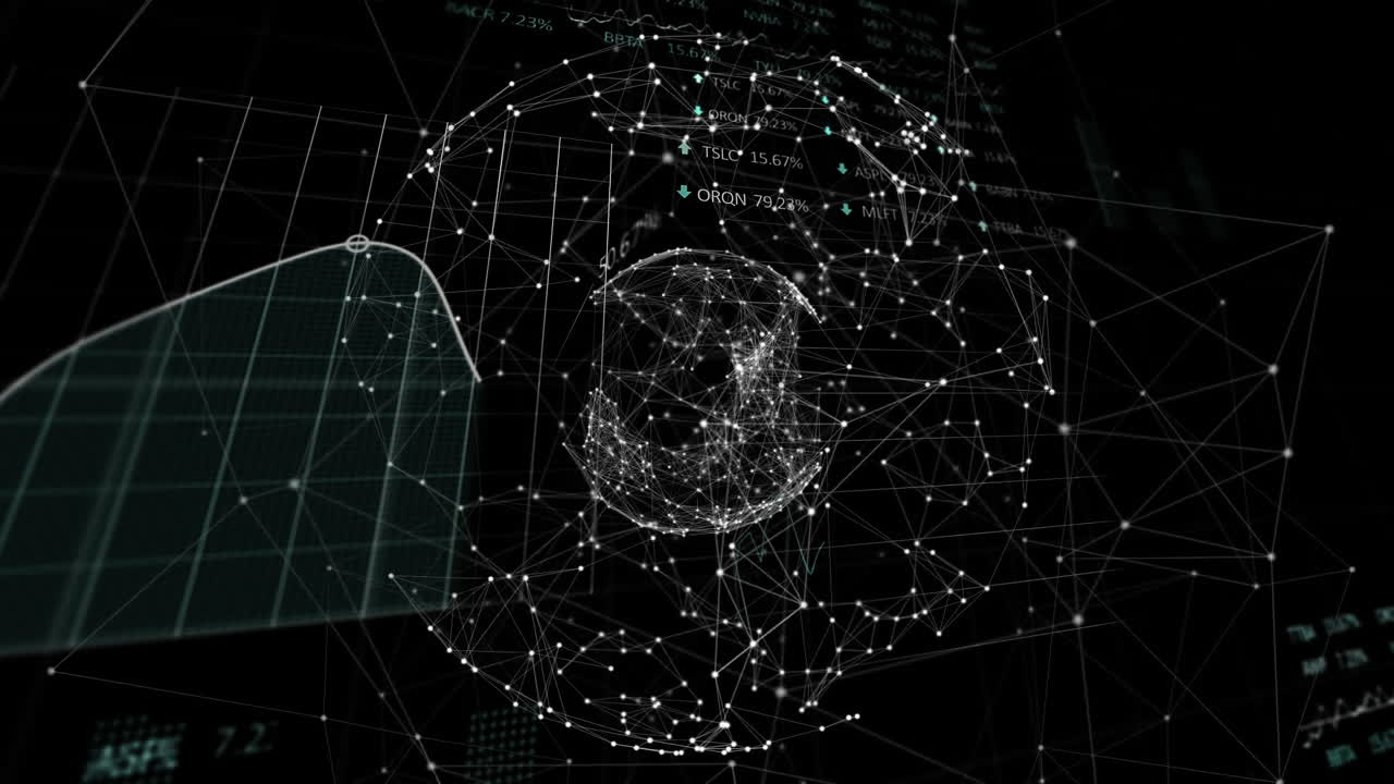 Animation of stock market display and globe spinning on black background.