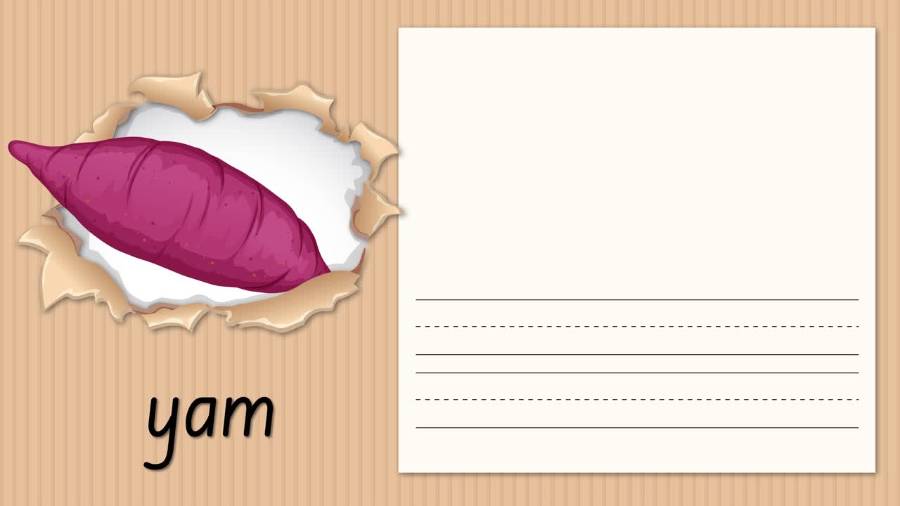 Grafica educativa animata che dimostra la scrittura della lettera Y con un'illustrazione di igname su sfondo di cartone.