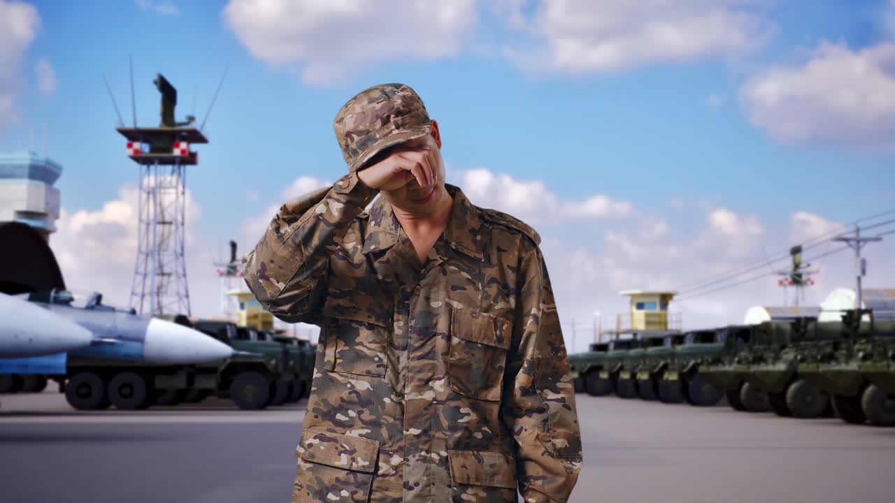 아시아인 군인이 을 고 군사 캠프에 서서 피곤합니다.