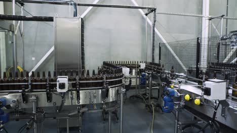 Idle-bottling-line-of-glass-beer-bottles-in-brewery