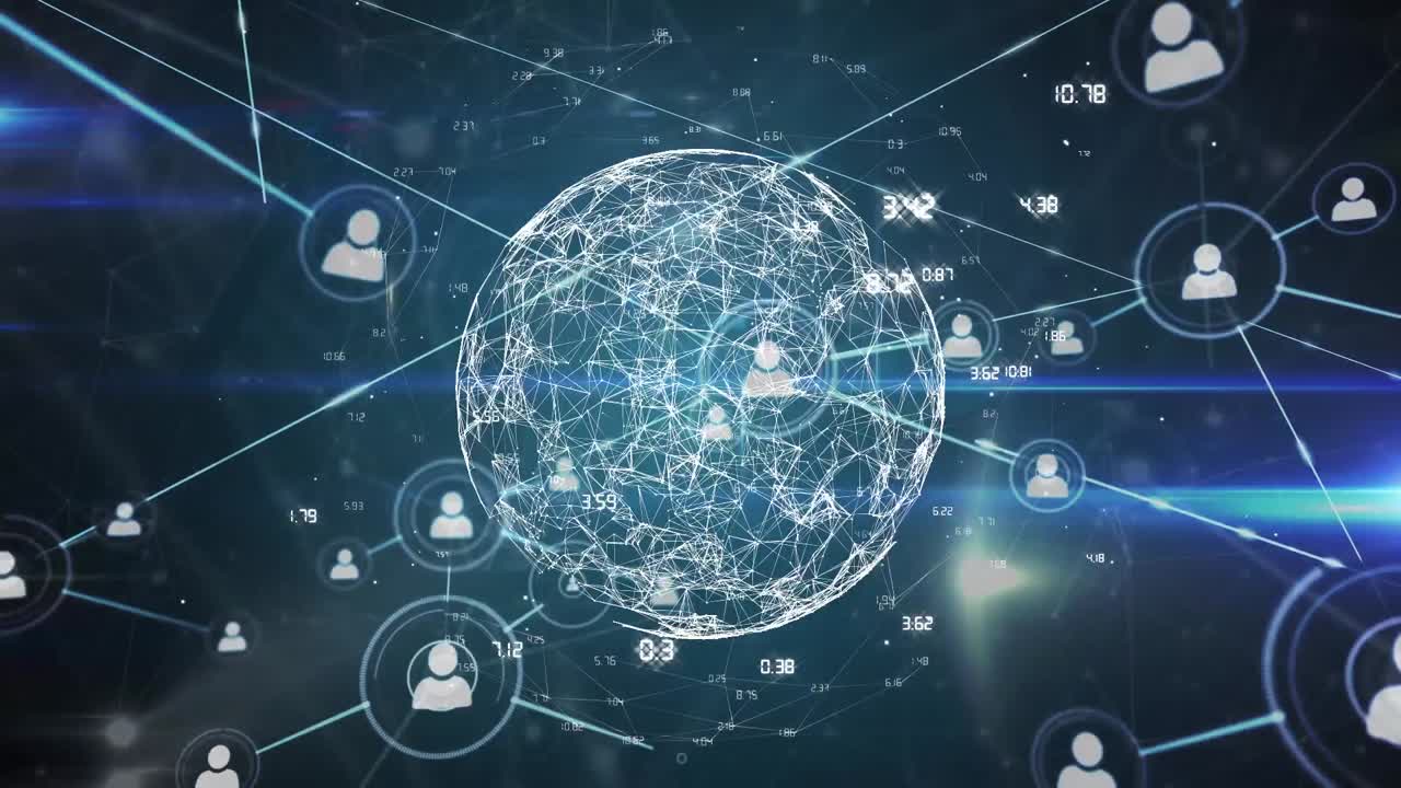 Animation of network of connections with icons over data processing and globe with shapes moving