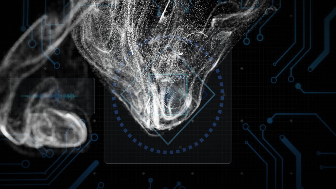 Abstract swirling particles and digital circuits animation over dark background