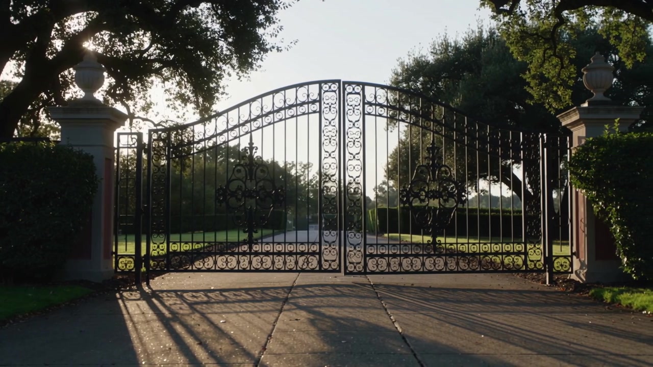 Filtering through shade tree, low-angle sun casting wrought-iron gate shadows across paved driveway