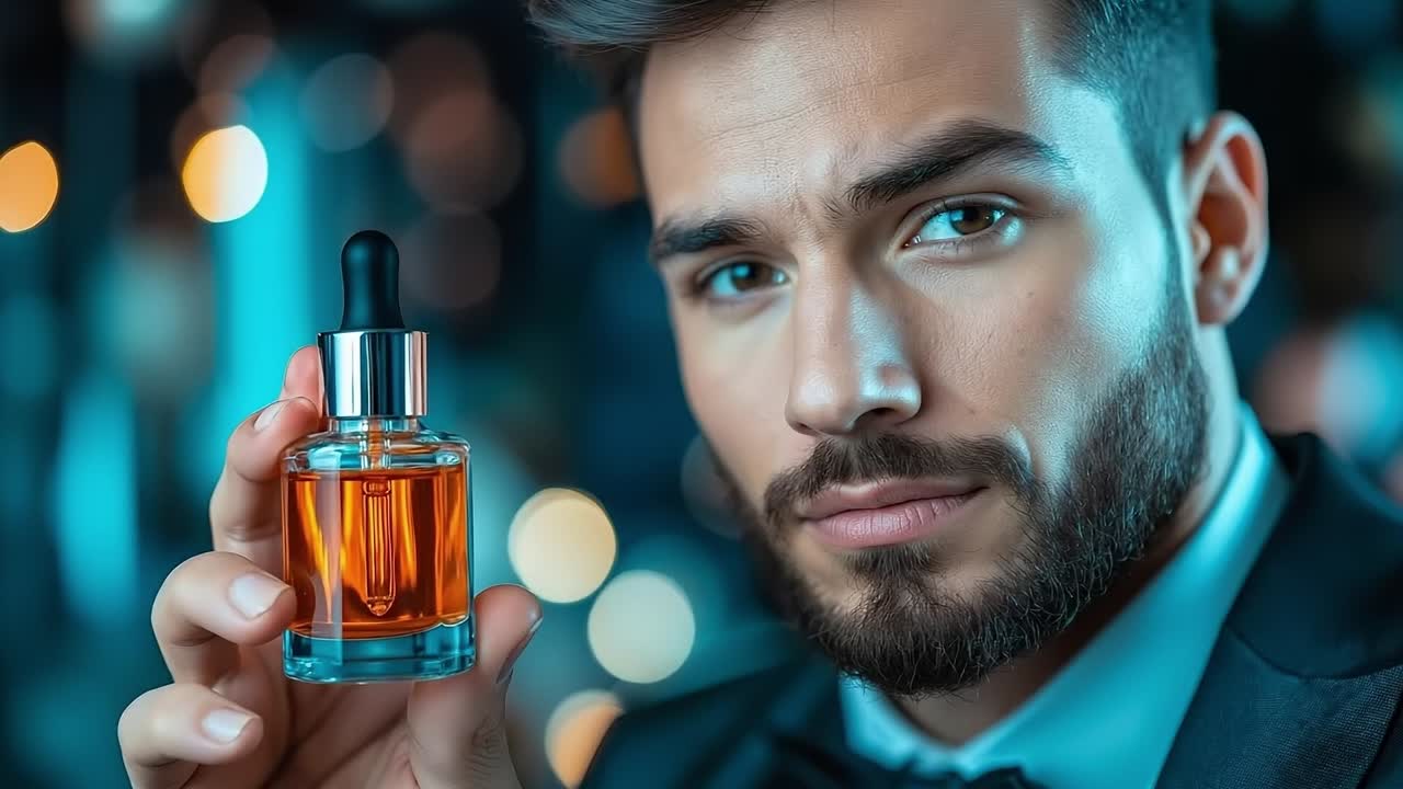 Un uomo in smoking che tiene in mano una bottiglia di profumo