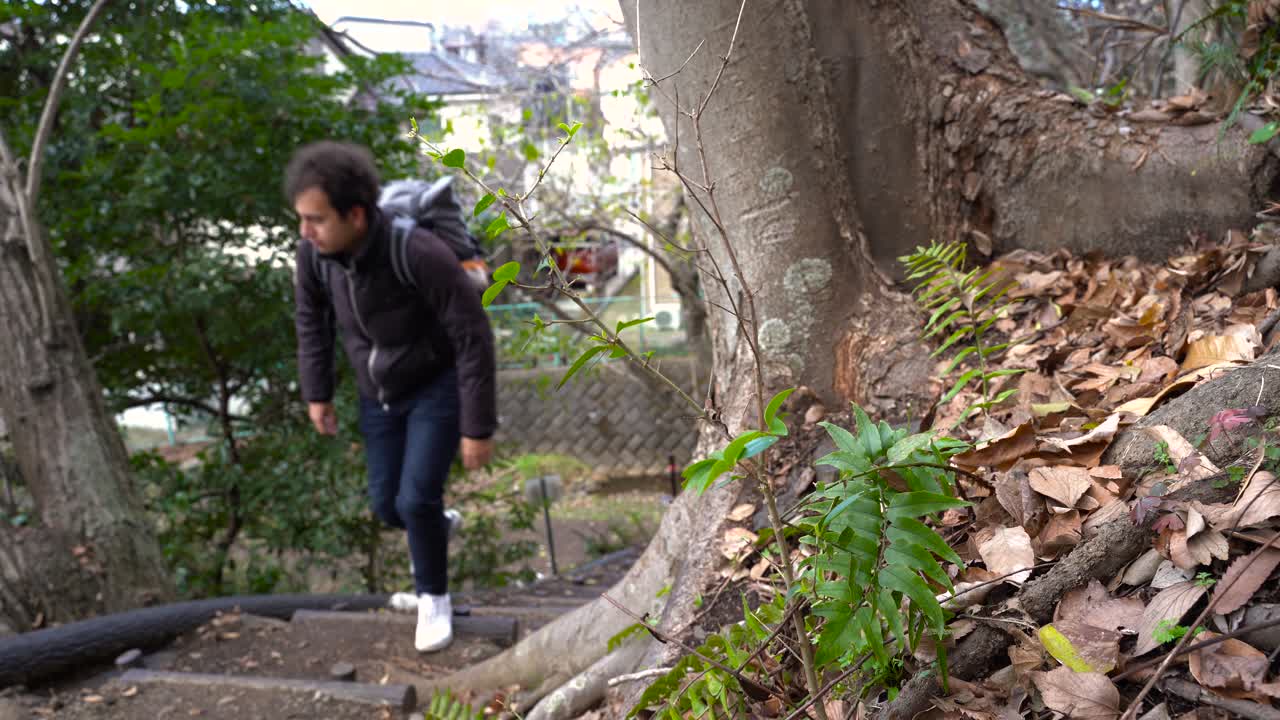 Male backpacker hiking in Kanagawa, Japan