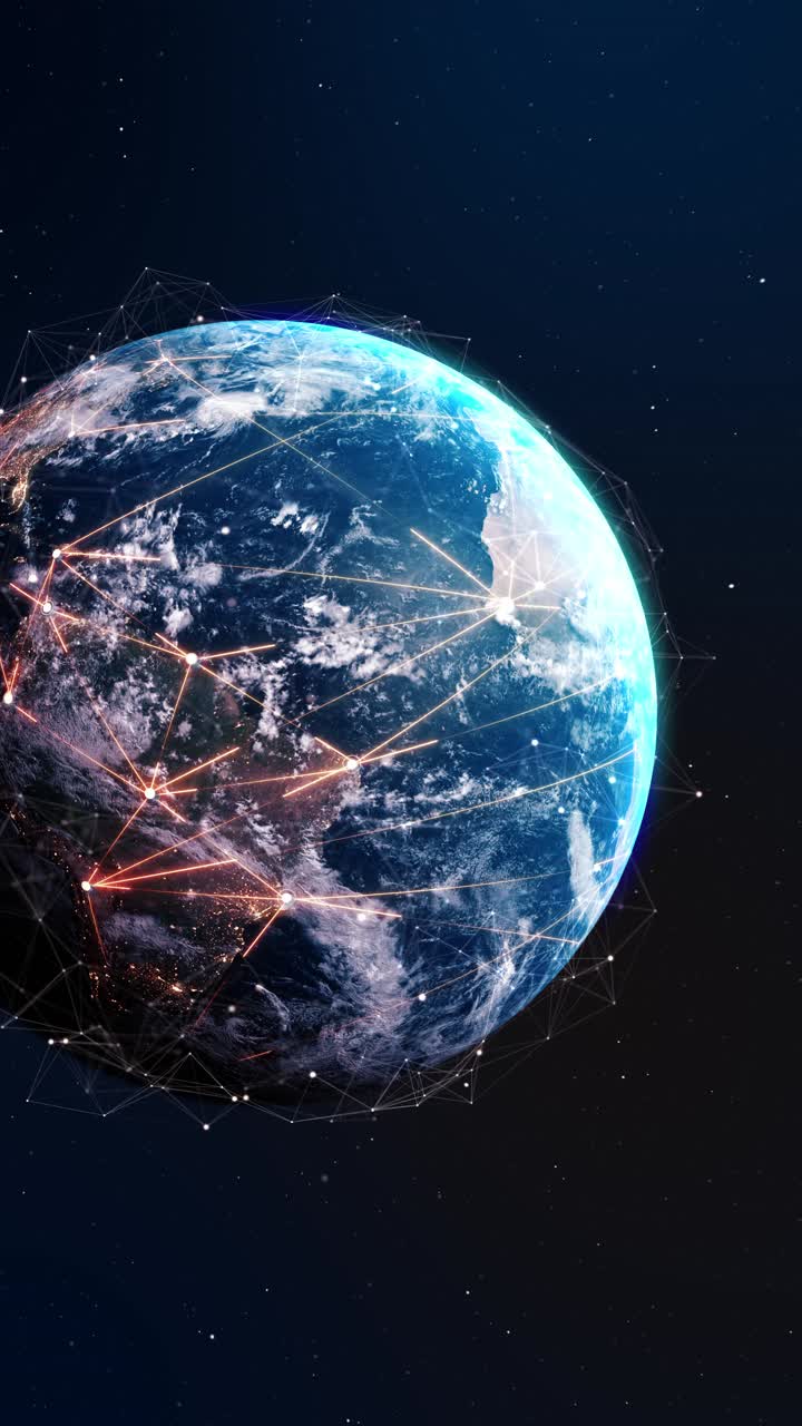 Teknik, globalisering av jorden, 3D-animering, globala affärer, punkter på en roterande planetglob, HUD-kartor