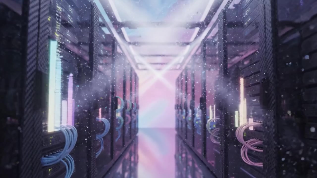 Et kig ind i et futuristisk datacenter med farverige netværkskabler og LED-lys, der oplyser serverracks for optimal datastyring og -behandling