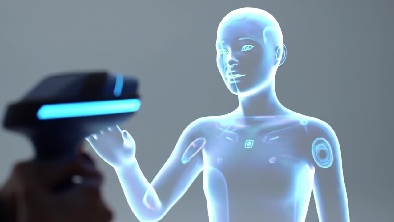 A Futuristic Interaction Between a User and a Holographic Interface, Showcasing Advanced Scanning Technology and the Emergence of Digital Human Models