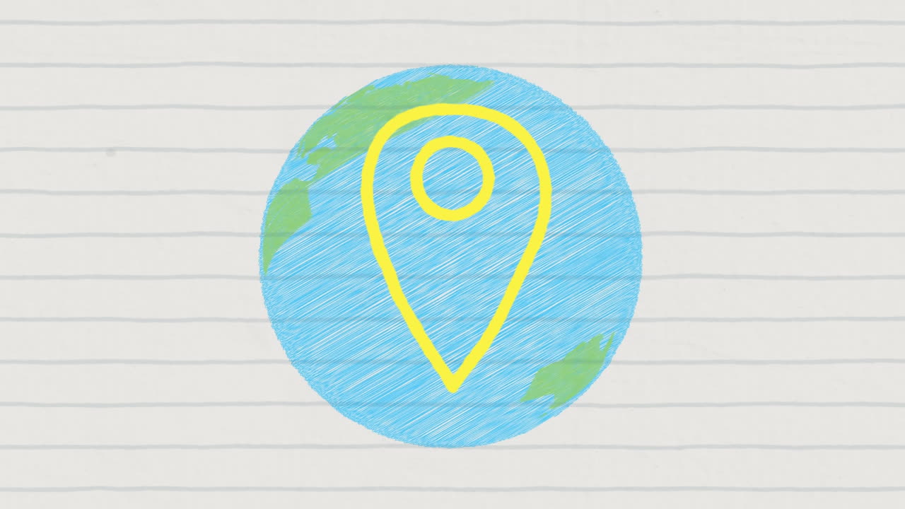 animación de la ubicación amarilla rosa en globo azul en papel rayado