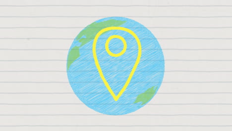 Animation of yellow location pink on blue globe on ruled paper