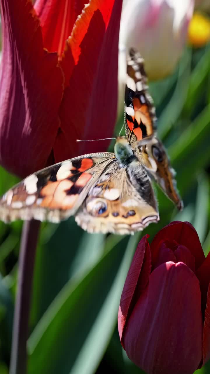 Scena di giardino vibrante con tulipani e margherite in piena fioritura. Un'inquadratura dal basso cattura profondità e colore.