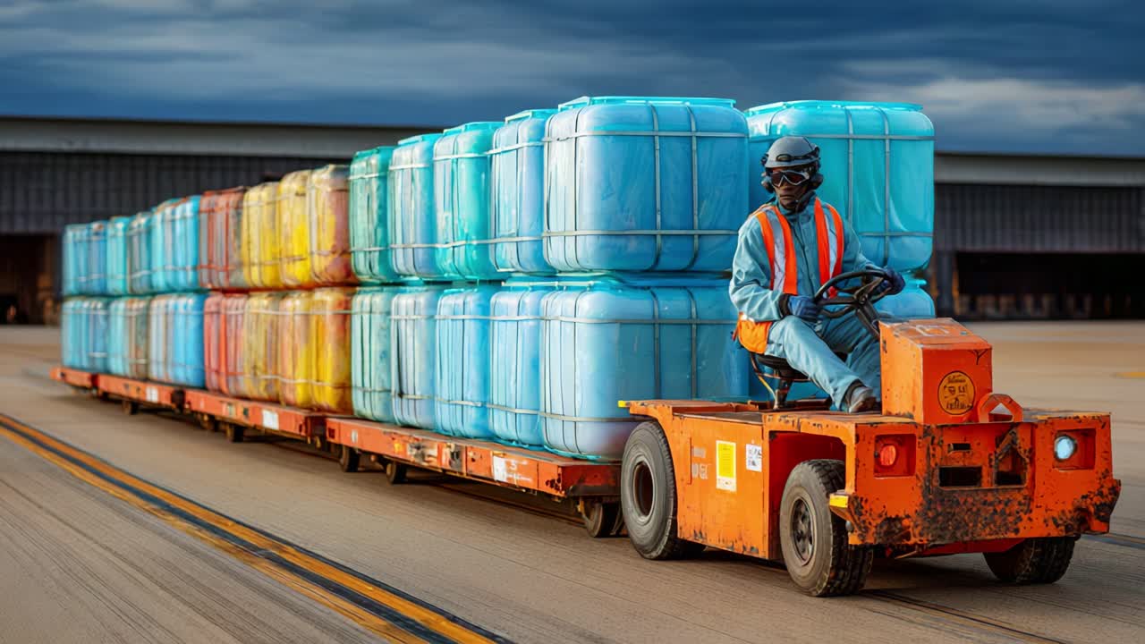 A worker operating a transport vehicle carries large, colorful containers along a runway, showcasing efficient logistics operations and cargo management practices in an industrial setting