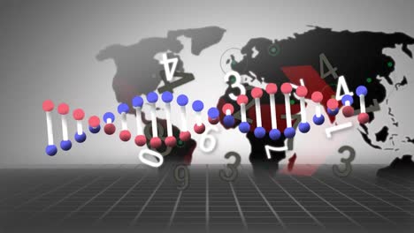 Animation-of-rotating-3d-dna-strand,-with-changing-numbers-over-red-arrows-and-world-map,-on-grey