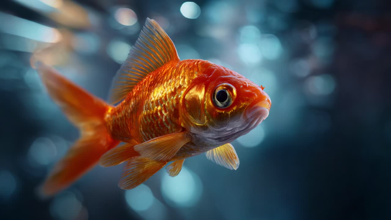 En majestætisk guldfisk svømmer graciøst i en levende undervandsverden og viser sin klare orange farve og sine indviklede finnemønstre i en magisk undervandsscene