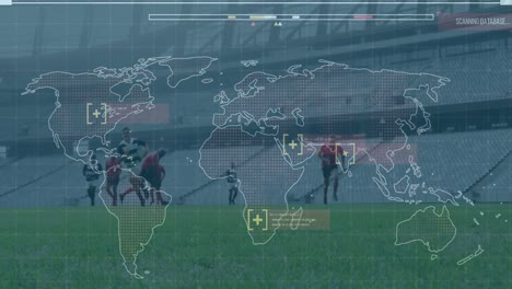 Animation-of-digital-interface-with-world-map-over-football-players